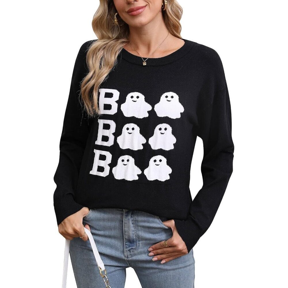 Womens Halloween Sweater Long Sleeve Crewneck Boo Ghost Print Casual Knit